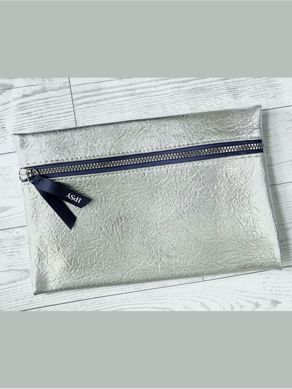 Ipsy Makeup Bag Metallic Silver with Dark Blue Trim and Zipper Closure NWOT